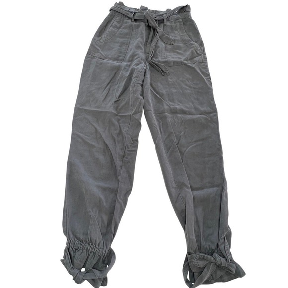 Alice + Olivia Pants Women Size 4 Liam Gray Paperbag Waist Tie Ankle Linen Blend - Picture 2 of 10